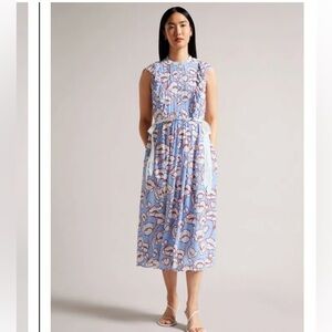 TED BAKER Tindraa Floral Frill Midi Dress Size 5 US 12 Ruffle Feminine Coquette